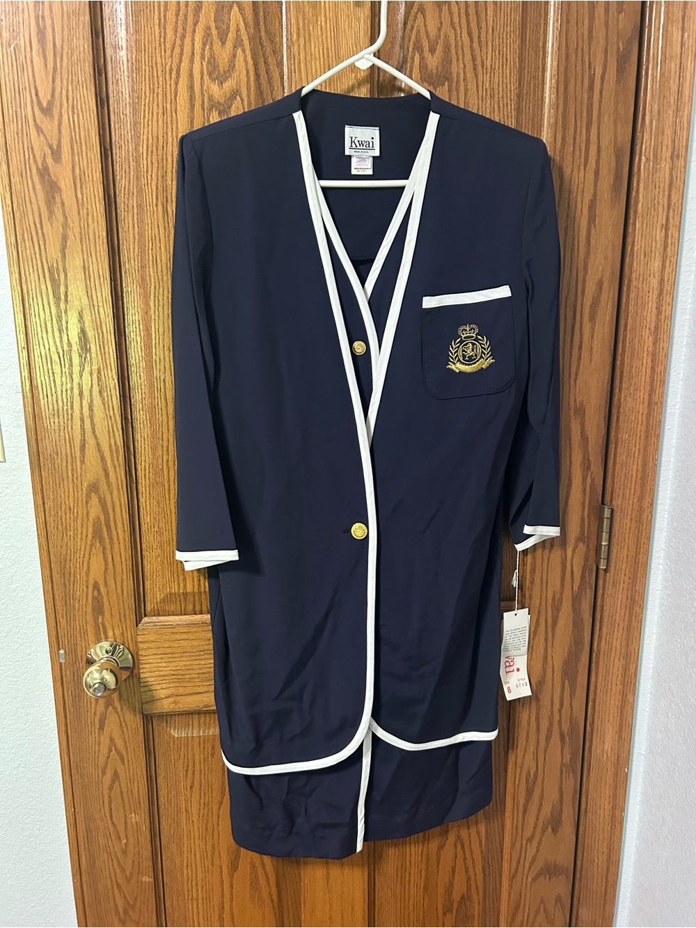 Navy and White Trim Women's Dress with Embroidered Crest
